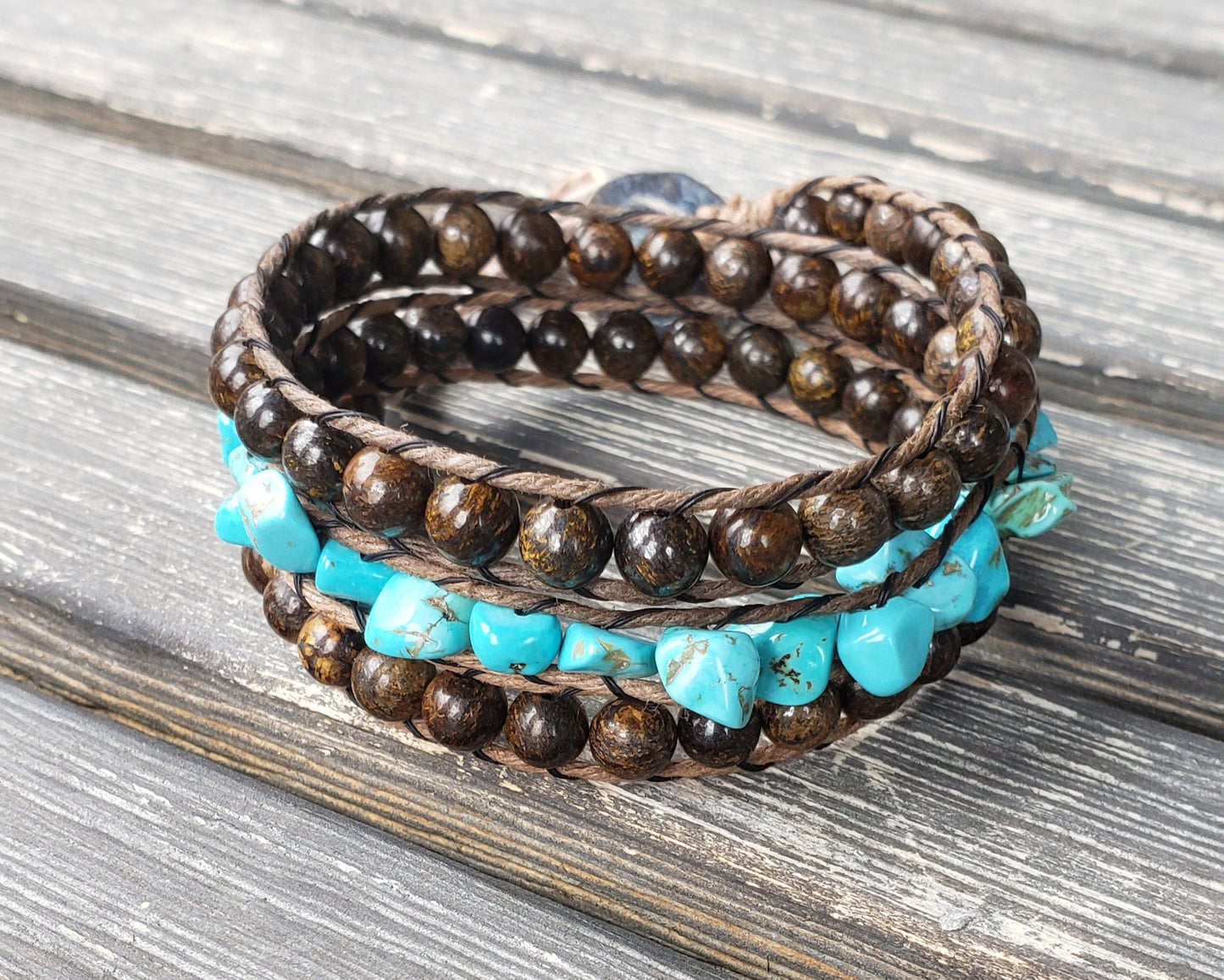 Bronzite and Turquoise Triple Wrap Gemstone Bracelet