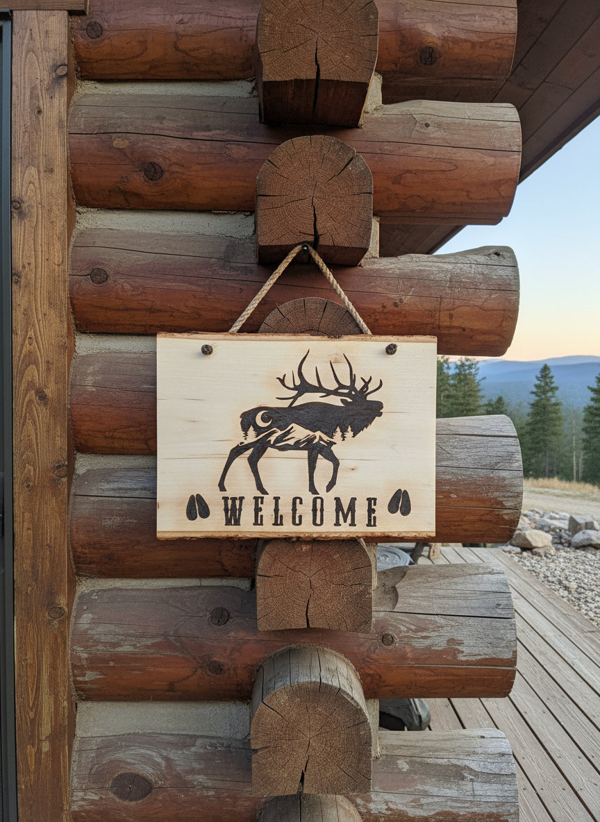 Wooden 'Welcome' sign with elk design on a log cabin wall