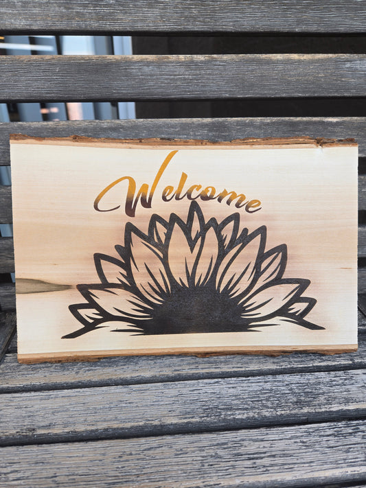 Welcome Sunflower Wood Burnt/Painted Sign