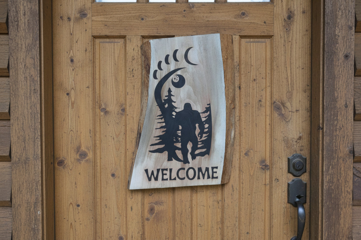 Yeti Welcome Wood Burnt Sign