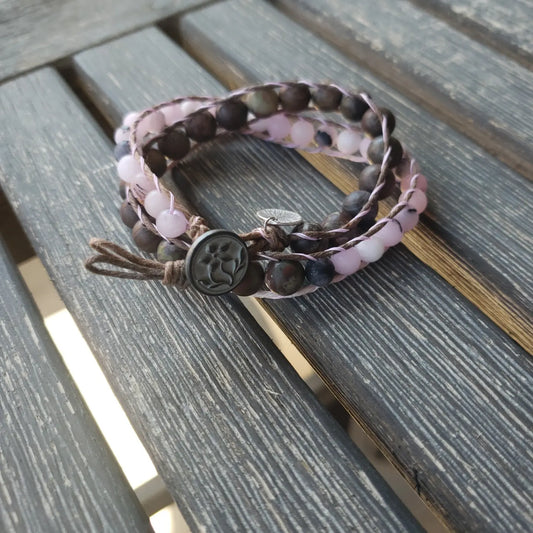 Pink Zebra Jasper and Bronzite Double Wrap Gemstone Bracelet
